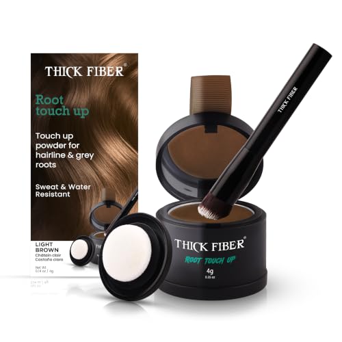 THICK FIBER Root Touch Up and Hairline Concealer - Water & Sweat Resistant Hair Loss Powder Set for Thinning Hair, Includes Brush (Light Brown) Light Brown 0.14 Ounce (Pack of 1)