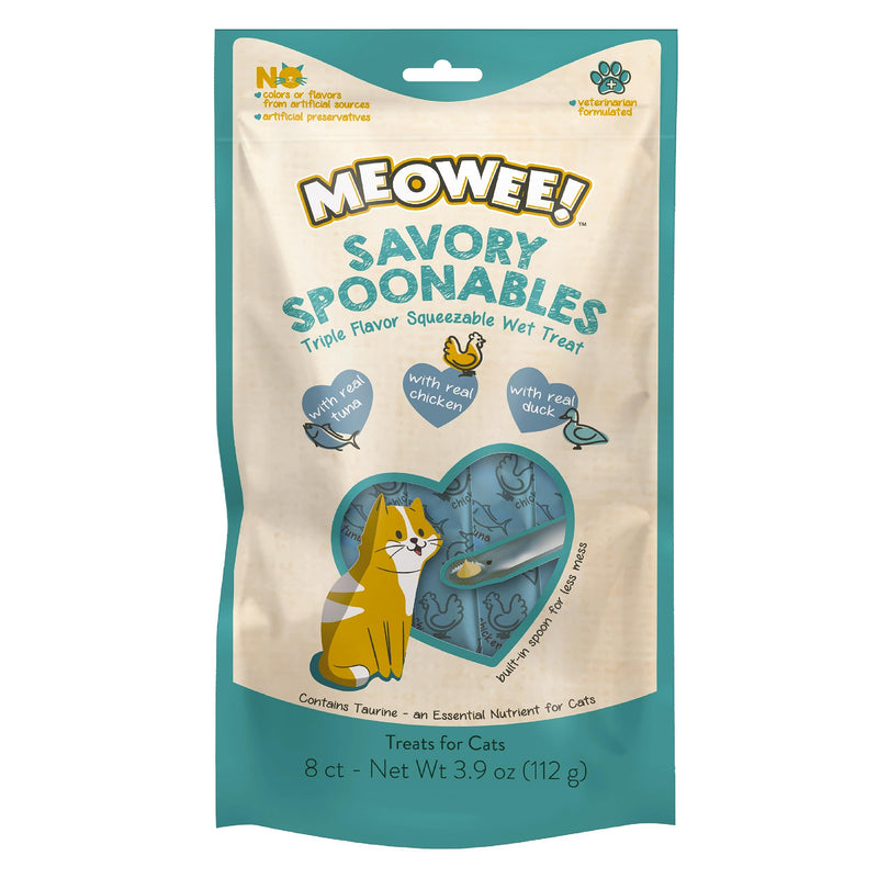 MEOWEE! Savory Spoonables with Real Tuna, Chicken & Duck, 8 Count Tube, Triple Flavor Squeezable Lickable Wet Treats for Cats with Built-in Spoon for Less Mess - BeesActive Australia