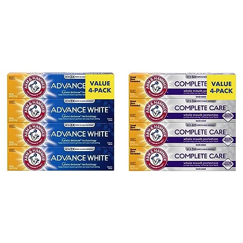 Arm & Hammer Advance White Toothpaste, Clean Mint Flavor, Stain Defense Technology, 6.0oz (4-Pack) & Complete Care Toothpaste, Fresh Mint Flavor, Whole Mouth Protection, 6.0oz (4-Pack)