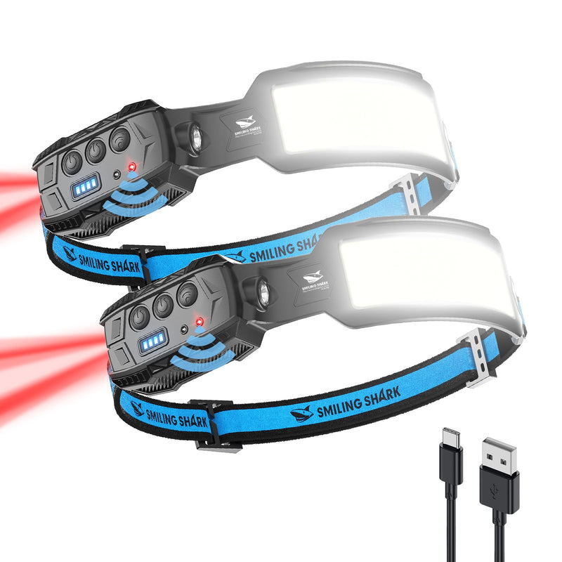 Smiling Shark Headlamp, 2 Pack Head Lamps Led Rechargeable 6 Modes 7*White Lights 270° Lighting Width Motion Sensor Red Tail Light for Camping Fishing Repairation, LED-Headlamp-Rechargeable-Light White
