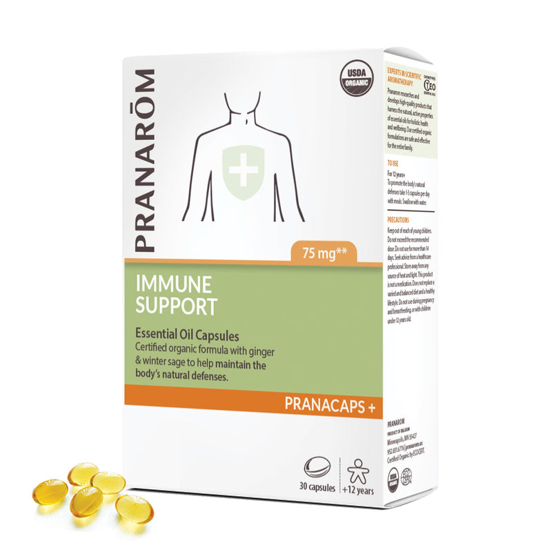 Pranarom Immune Support Pranacaps | Ginger and winter savory essential oil capsules to help maintain the body's natural defenses. Certified organic ingredients.
