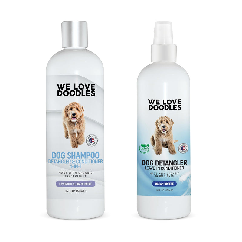 We Love Doodles 4-in-1 Lavender Shampoo & Dog Detangler Spray ((Ocean Breeze) Bundle - Shampoo, Conditioner, and Detangler & Detangler Spray Kit - Grooming & Tangle Remover - Made in USA - PawsPlanet Australia