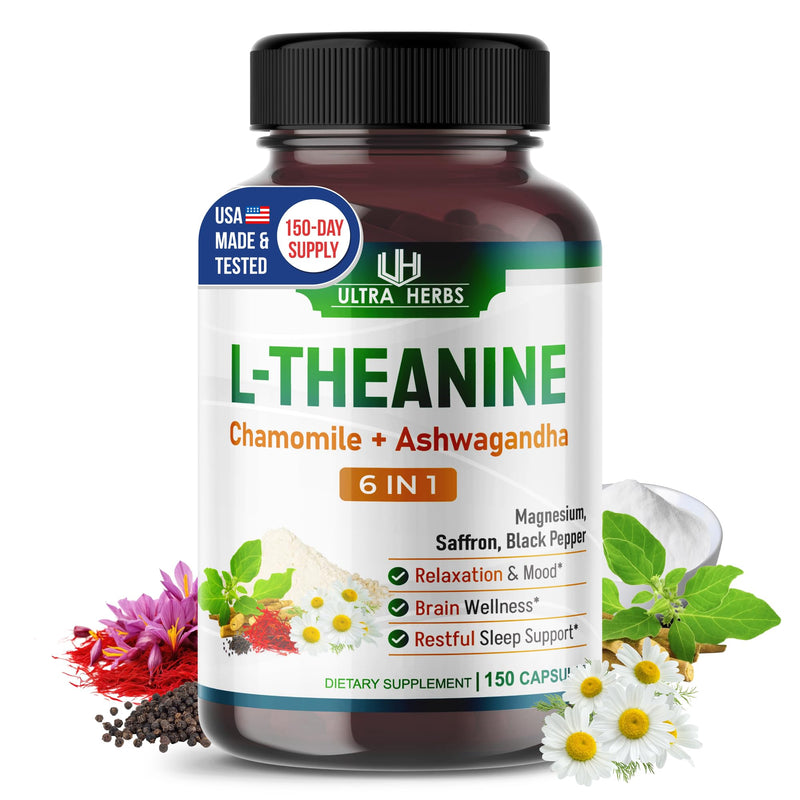 L-Theanine Supplement - 6 IN 1 Complex Enriched with Magnesium, Ashwagandha, Saffron, Chamomile - Support Relaxation, Calmness & Sleep Quality | 150 Capsules 150-day supply (pack of 1)