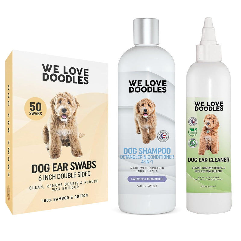 We Love Doodles 4-in-1 Shampoo (Lavender) & Dog Ear Cleaner & Long Cotton Ear Swabs Bundle - 4-in-1 Shampoo & Ear Wash & Double Sided Qtips for Dogs Kit - Prevents Infection - Made in USA - PawsPlanet Australia