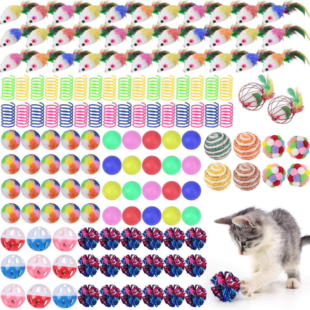 Shappy 150 Pcs Cat Toys Bulk Pack Cat Toy Gift for Christmas Include Mice Rainbow Balls Lattice Balls Sisal Balls Table Tennis Balls Plush Balls Springs Crinkle Balls Caged Bell Balls