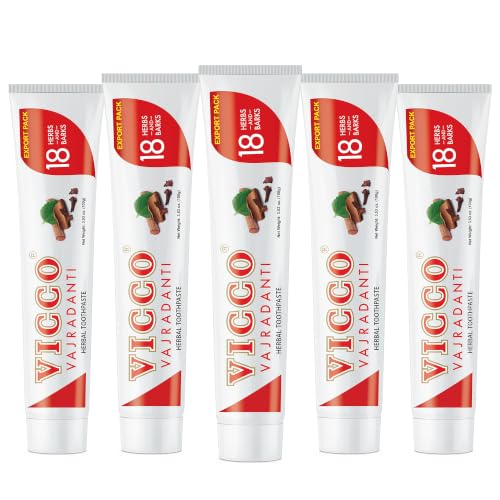 Vicco Vajradanti Ayurvedic Herbal Toothpaste for Oral Care & Gum Health - 70 Year Legacy of Ayurveda, with 18 Ayurvedic Herbs & Barks, Fluoride-Free - 3.53 oz (5 Pack)