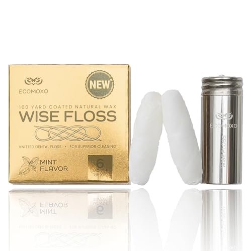 Wise Floss Patented Woven Dental Floss with Reusable Dispenser, 2 Refills (Mint) - 100 Yards (6 mo Supply) of Thick Knitted Expanding Waxed Floss Dentist Designed | Recyclable & PFAs Free
