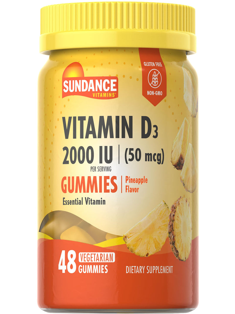 Sundance Vitamin D3 Gummies | 2000 IU | 48 Count | Pineapple Flavor | Vegetarian, Non-GMO, and Gluten Free Supplement