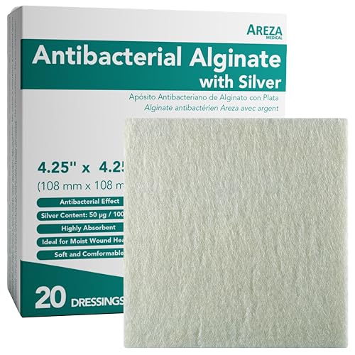 Areza Silver Calcium Alginate Antibacterial Wound Dressing Pads – Sterile, Non-Stick, Highly Absorbent; for Wound Drainage & Infection Risk (4.25″×4.25″, 20-Pack per Box), 1 Box 20 Count (Pack of 1)