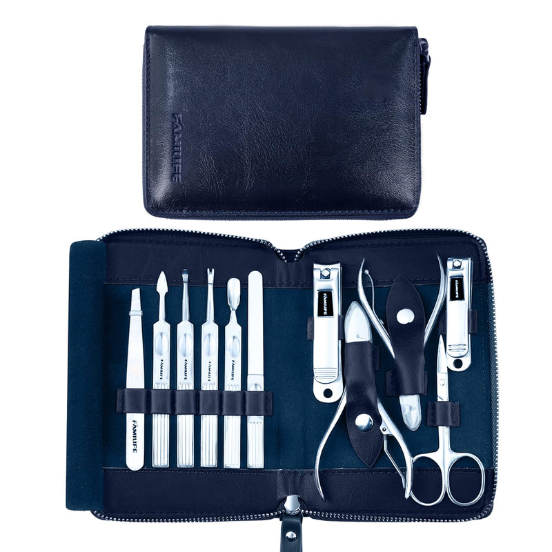Manicure Kit, FAMILIFE Professional Manicure Set Nail Kit, 11 in 1 Stainless Steel Nail Clippers Set for Men Pedicure Tool, Men Grooming Tool with Portable Blue Leather Travel Case Luxury Gifts Navy Blue