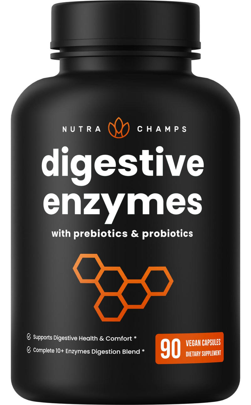 NutraChamps Digestive Enzymes with Probiotics and Prebiotics for Women & Men - 90 Vegan Capsules with Bromelain for Bloating & Optimal Gut Health 90 Count (Pack of 1)