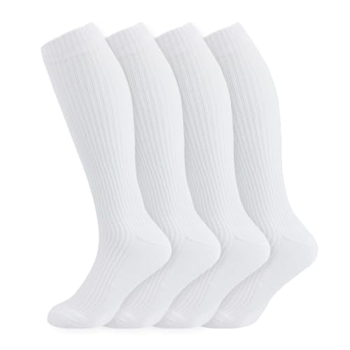 '+MD Cotton Compression Socks for Women & Men 4/6 Pairs 15-20mmHg Knee High for Sports, Travel, Nursing Long Sitting Standing 9-11 4 Pairs White Cushion 15-20mmhg