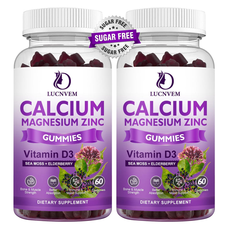 (2 Pack) Sugar Free Calcium Magnesium Zinc Gummies, Calcium Magnesium 2:1, Contains Magnesium Glycinate, Vitamin D3, Sea Moss, for Bones, Muscles, Calm Mood & Sleep Support, Vegan, 120 Gummies Sweet Elderberry 60 Count (Pack of 2)