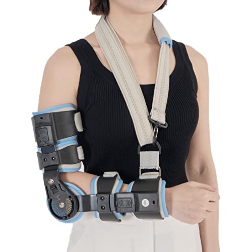 Hinged ROM Elbow Brace - Adjustable Post Op Elbow Brace Stabilizer Splint with Strap Sling Arm Injury Recovery Support After Surgery for Men Women (Left, Gray) Left
