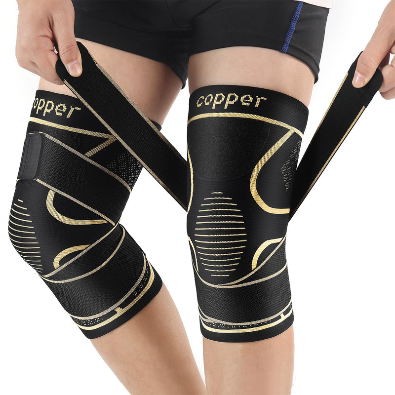 Copper Knee Braces with Strap for Knee Pain Women and Men(2 Pack), Knee Compression Sleeve for Arthritis, ACL, Meniscus Tear, Joint Pain Relief, Knee Support for Working, Running, Weightlifting(M) Black+Copper Medium
