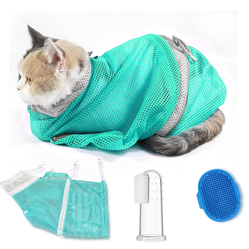 Adjustable Multifunctional Anti-Bite Shower Net, Cat Grooming Mesh Bag, Cat Bath Brush and Pet Finger Toothbrush (B-Green) B-Green