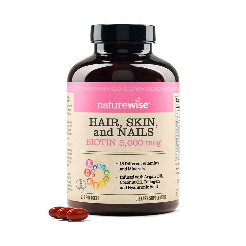 NatureWise Hair Skin and Nails Vitamin, Biotin 5000mcg w/Hyaluronic Acid, Collagen for Women with C, B Complex, D3, A, E, Iron - Non-GMO, Gluten Free - 270 Softgels[3-Month Supply] 270 Count (Pack of 1)