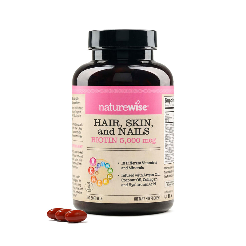 NatureWise Hair Skin and Nails Vitamin, Biotin 5000mcg w/Hyaluronic Acid, Collagen for Women with C, B Complex, D3, A, E, Iron - Non-GMO, Gluten Free - 150 Softgels[50-Day Supply] 150 Count (Pack of 1)