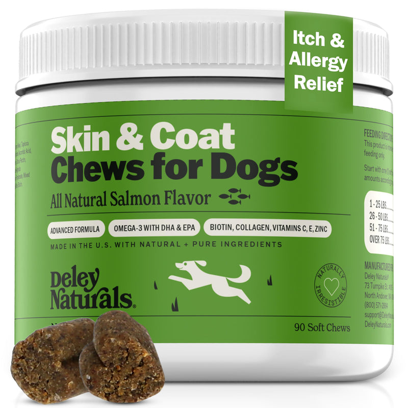 Deley Naturals Dog Allergy Chews - Omega 3 Fish Oil for Dogs with DHA & EPA, Biotin, Collagen, Vitamins C, E, & Zinc, Supports Shiny Coat - Dog Itching Relief Salmon Flavor - Dry Skin Relief for Dogs - PawsPlanet Australia