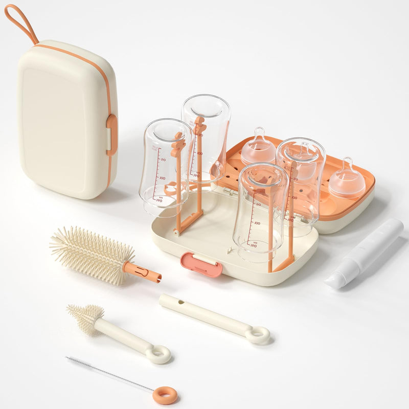 7in1 travel bottle cleaner kit,baby essentials, with Bottle brush、Nipple brush、Straw cleaner brush、Soap dispenser、Bottle drying rack、Drainage tray、Storage box,baby travel essential (White) White - BeesActive Australia
