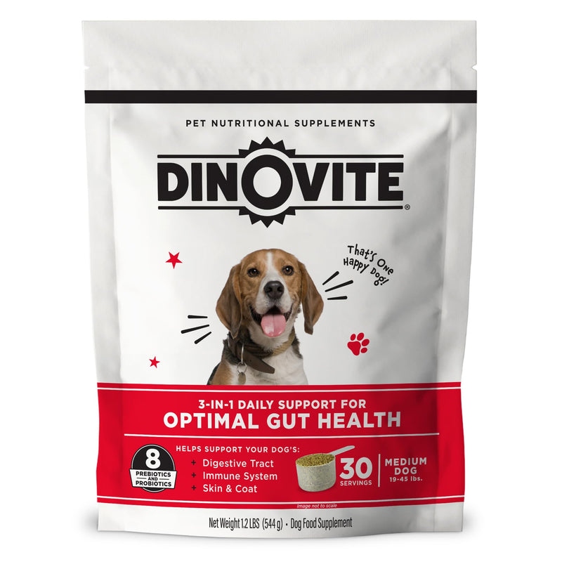 Dinovite Probiotics for Dogs, Probiotic Powder Food Topper for Medium Dogs (18-45 lb), Daily Digestive Health & Skin Support with Omega-3s, 30 Servings Medium Dogs (18-45 lbs) 30 Day Supply