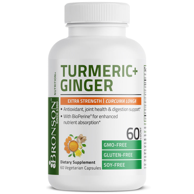Bronson Turmeric + Ginger Extra Strength Joint Health & Digestion Support with BioPerine, Non-GMO, 60 Vegetarian Capsules Turmeric and Ginger 60 Count (Pack of 1) - BeesActive Australia