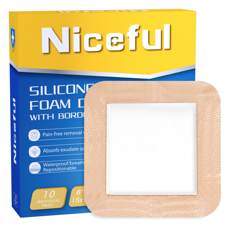 Niceful 10 Count Silicone Foam Dressing 6" x 6" - Large Bandages for Wounds, Wound Dressing Waterproof Silicone Bandages for Bedsores, Diabetic Foot Ulcers, I-II Degree Burns 6"x6" (10PCS)