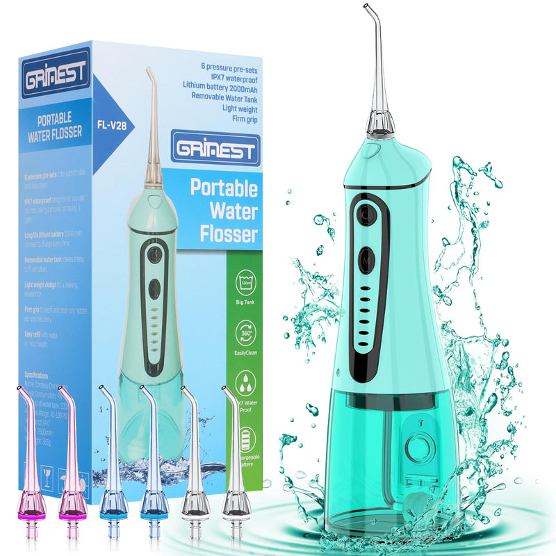 Water Dental Pik Flosser,Grinest 7 Modes Rechargeable Water Dental Picks for Teeth Cleaning Cordless Oral Irrigator Portable IPX7 Waterproof Tooth flossers for Home Travel-Green Green