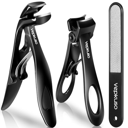 Vepkuso Nail Clippers for Seniors, Wide Jaw Fingernail Clippers and Angled Head Toenail Clippers for Thick Nail, Professional German Nail Clippers for Men, Women&Pregnant，Black Black(2 Pack)