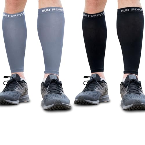 Run Forever Calf Compression Sleeve for Men & Women, 20-30mmHg Compression Medium 2-pair Black & Grey