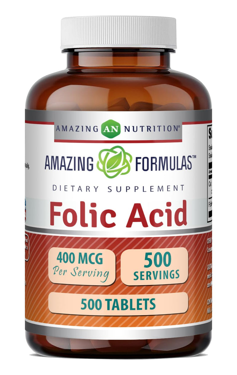 Amazing Formulas Folic Acid (Vitamin B9) 400 mcg | Tablets Supplement | Non-GMO | Gluten Free | Made in USA (1 Pack, 500 Count) 500 Count (Pack of 1)