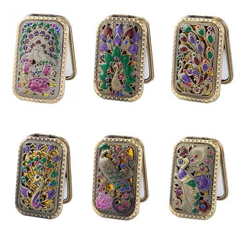 TANG SONG Peacock Vintage Handheld Purse Diamond Painting Compact Mirror Bronze