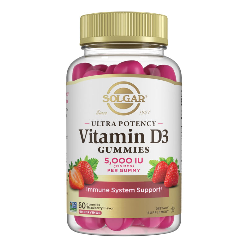 Solgar Vitamin D3 Gummies for Adults 5,000IU Ultra Potency, 60 Servings | Vitamin Immune System Support for Women & Men, Tasty Strawberry Flavor, Gluten & Gelatin Free Gummy, 2 Month Supply, 2g Sugar 60 Count (Pack of 1)