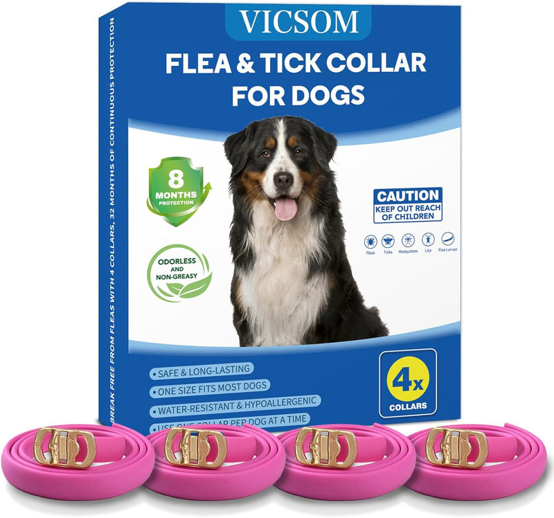 4 Pack Flea Collar for Dogs, Dog Flea and Tick Collar 8 Months Flea and Tick Prevent for Dog, Waterproof Adjustable Dog Flea Collar, Tick and Flea Collar for Large Small Dogs Puppy Flea Collar, Pink - BeesActive Australia