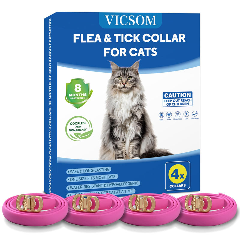 4 Pack Flea Collar for Cats, Cat Flea and Tick Collar 8 Months Cat Flea and Tick Treatment Prevention, Waterproof Adjustable Cat Kitten Flea Collar, Natural Anti Tick and Flea Collar for Cat, Pink - BeesActive Australia