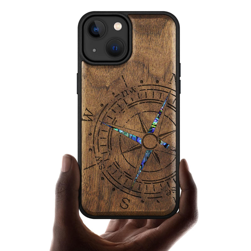 Carveit Wooden Case for iPhone 15 Magnetic Case, Compatible with MagSafe Wireless Chargers, Shockproof Cover, Handmade Shell Inlaid & Wood Artisan Engraved (Incomplete Compass) Walnut iPhone 15 (6.1 inch) Compass-Walnut