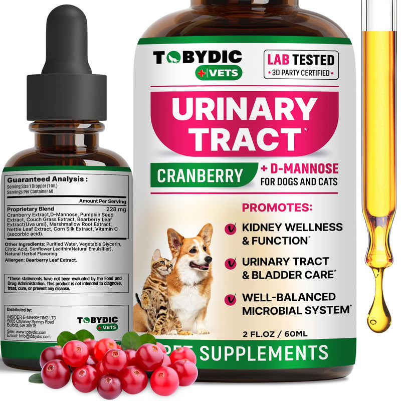 Cat & Dog UTI Treatment & Urinary Tract Infection Remedy with Cranberry & D-Mannose - Feline Natural Medicine for UTI Relief - Kidney + Bladder Support Supplement - Pet Renal Health 1 Pack (60 ml)