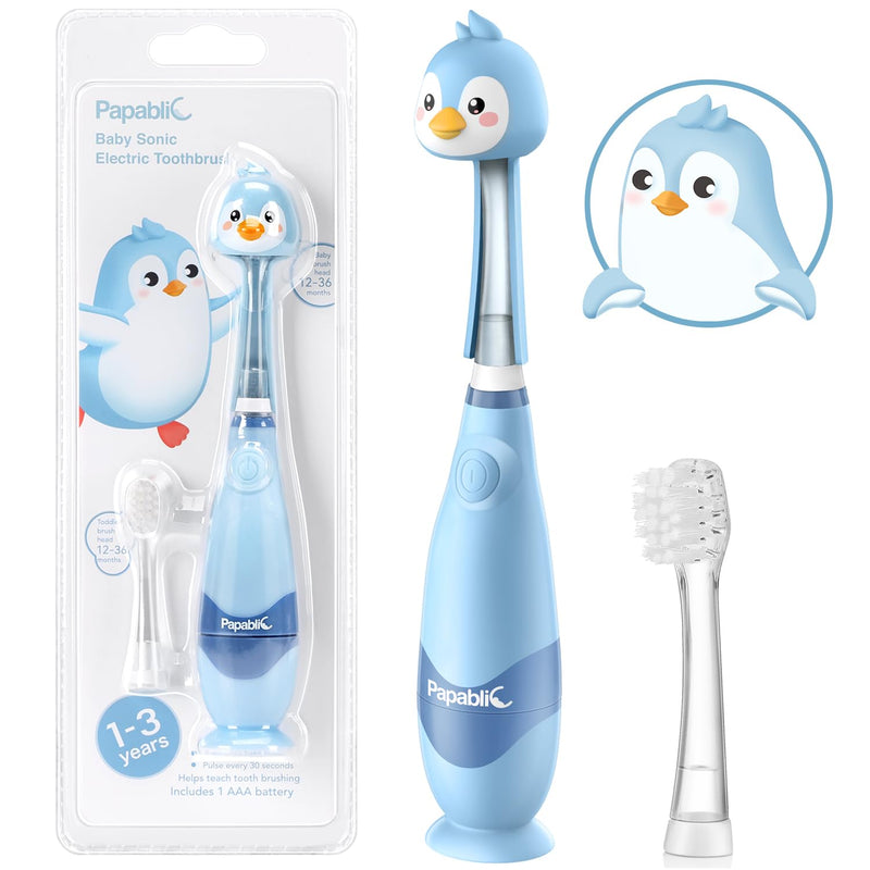 Papablic Toddler Sonic Electric Kids Toothbrush for Ages 1-3 Years, Baby Electric Toothbrush with Cute Penguin Cover and Smart LED Timer, 2 Brush Heads (Pippin) 2 Brush Heads Pippin