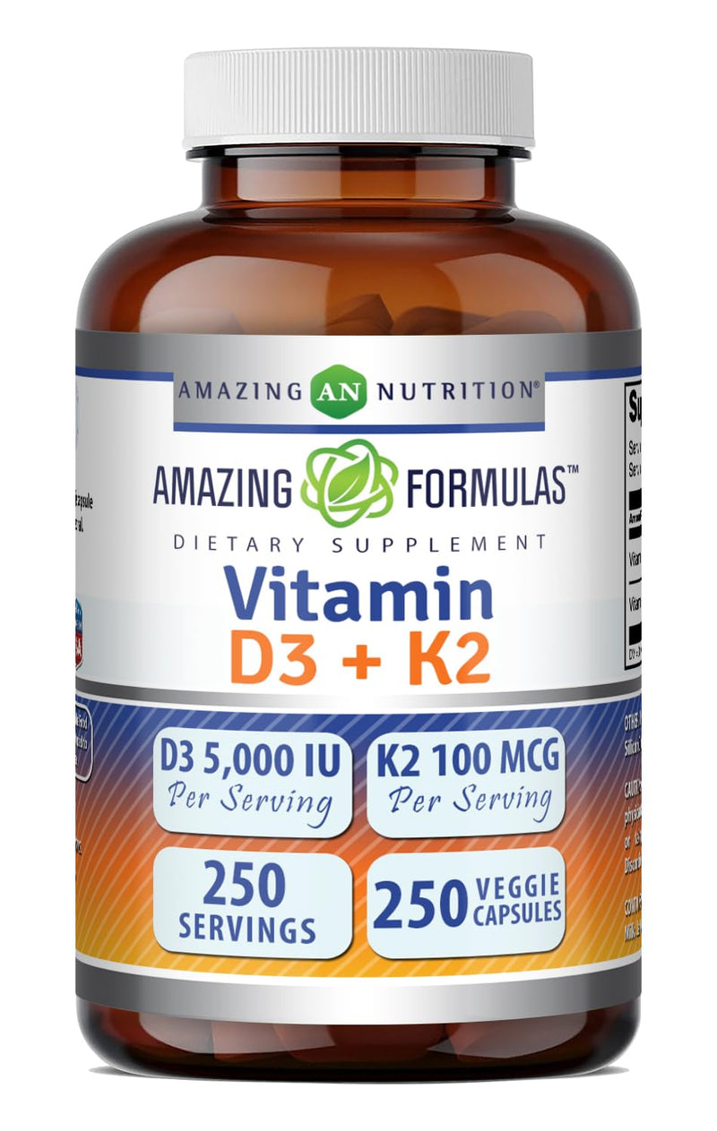 Amazing Formulas Vitamin D3 5000 IU with Vitamin K2 100 Mcg| 250 Veggie Capsules | D3 + K2 Complex | Non-GMO | Gluten Free | Made in USA 250 Count