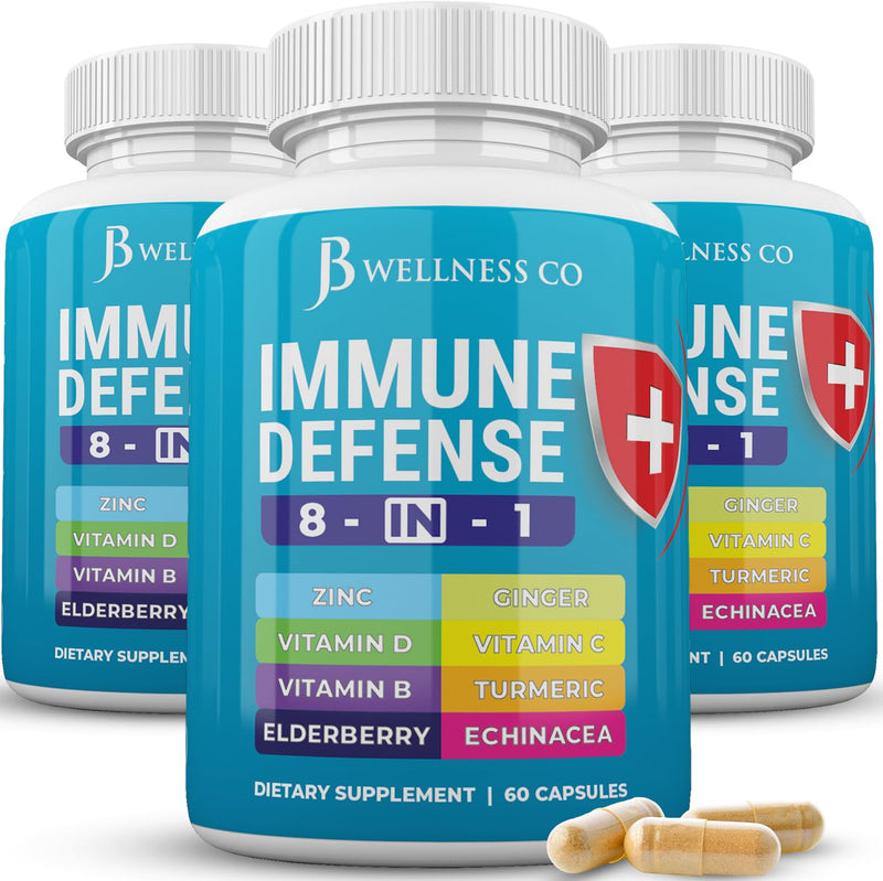 JB Wellness Co Immune Support 8 in 1 Capsules - Zinc Supplement, Vitamin D3, Vitamin C and Elderberry - Immune Booster Supplement with Echinacea, Ginger Root, and Turmeric - [3-Pack, 180 Count] 180 Capsules (Pack of 3)