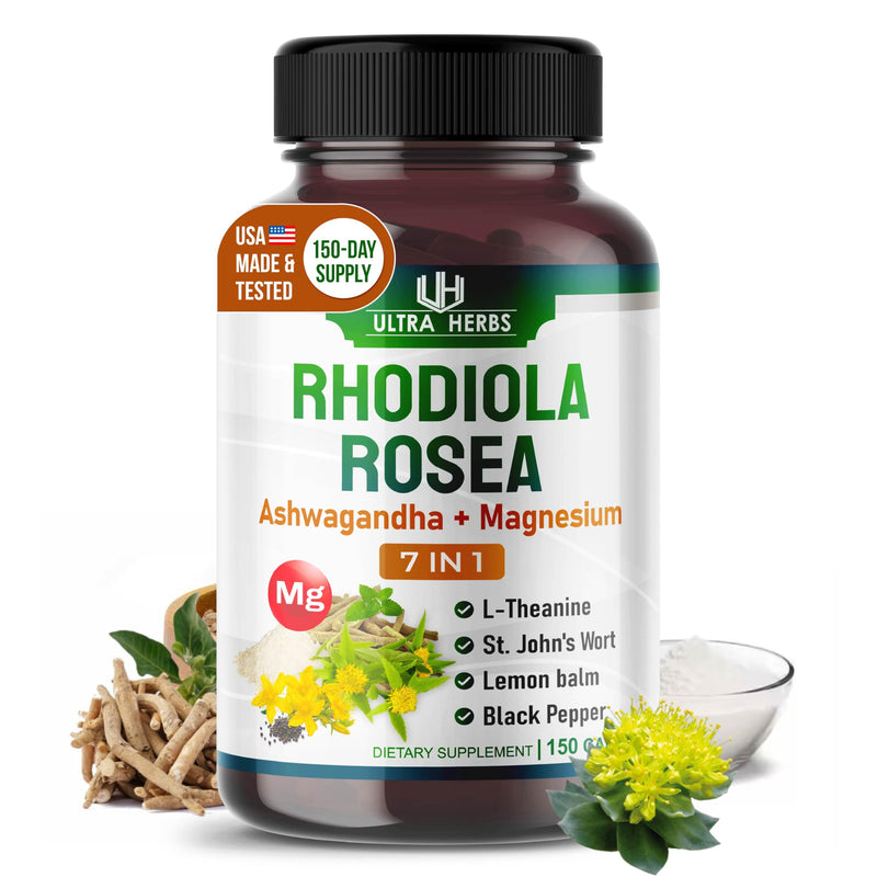 Rhodiola Rosea Supplement Enriched with Ashwagandha, Magnesium, L-Theanine, St. John's Wort, Lemon Balm - Support Mood, Sleeps Quality, and Mental Focus | 150 Capsules 150 count (pack of 1) - BeesActive Australia