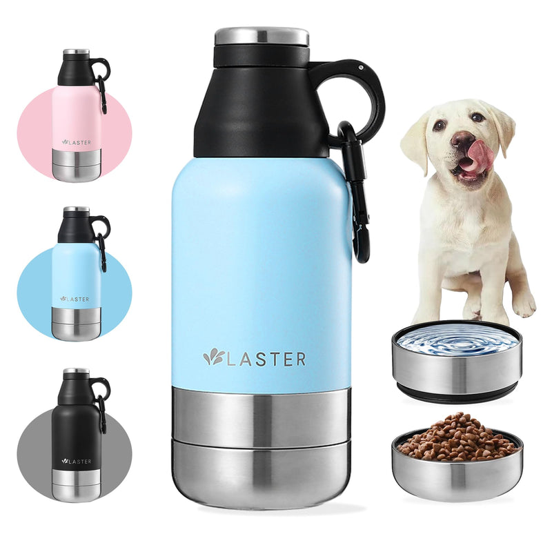 LASTER 32 Oz Multi-Functional Stainless Steel Pet Water and Snack Bottle | Detachable Food and Water Bowls |Hot & Cold Liquids | Portable | Insulated |Travel | Human and Pet | Hiking | Camping| Park Blue - BeesActive Australia