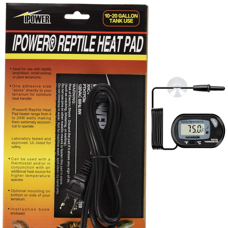 iPower 6 by 8-Inch 8W Reptile Heat Mat, LCD Digital Aquarium Thermometer, Under Tank Warmer Terrarium Heat Pad for Turtles Lizards Frogs and Other Small Animals, Multi Sizes 6" x 8" - BeesActive Australia