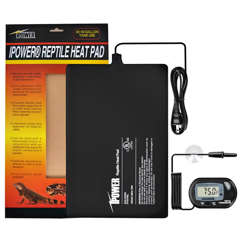 iPower 8 by 12-Inch 16W Reptile Heat Mat, LCD Digital Aquarium Thermometer, Under Tank Warmer Terrarium Heat Pad for Turtles Lizards Frogs and Other Small Animals, Multi Sizes Heat Pad + Thermometer 8" x 12"