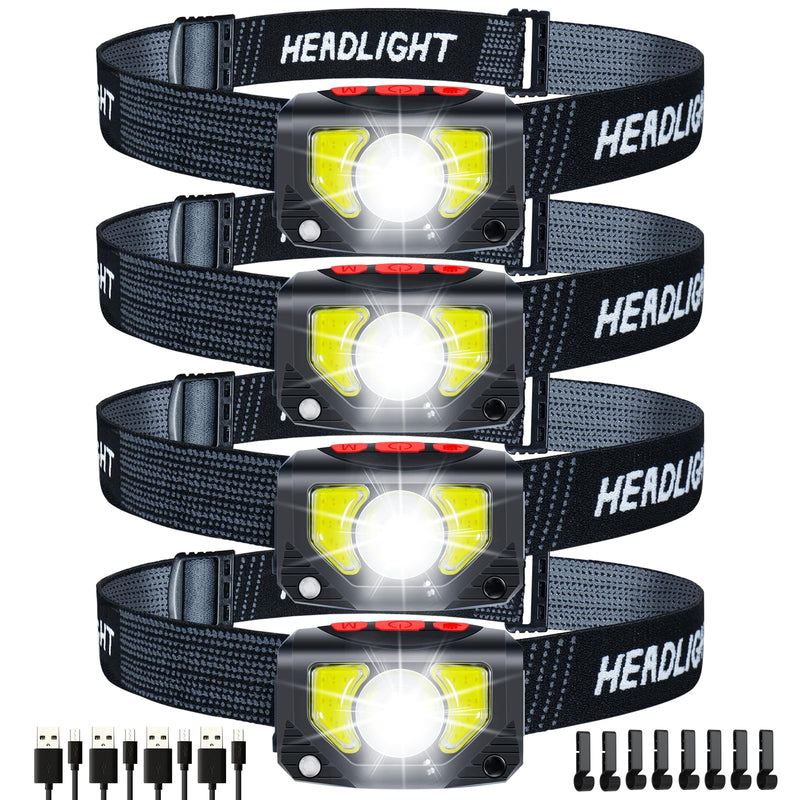LED Headlamp Rechargeable, 4 Pack Head Lamp Flashlight Headlight Light with Motion Sensor for Outdoor Camping Biking Running Fishing