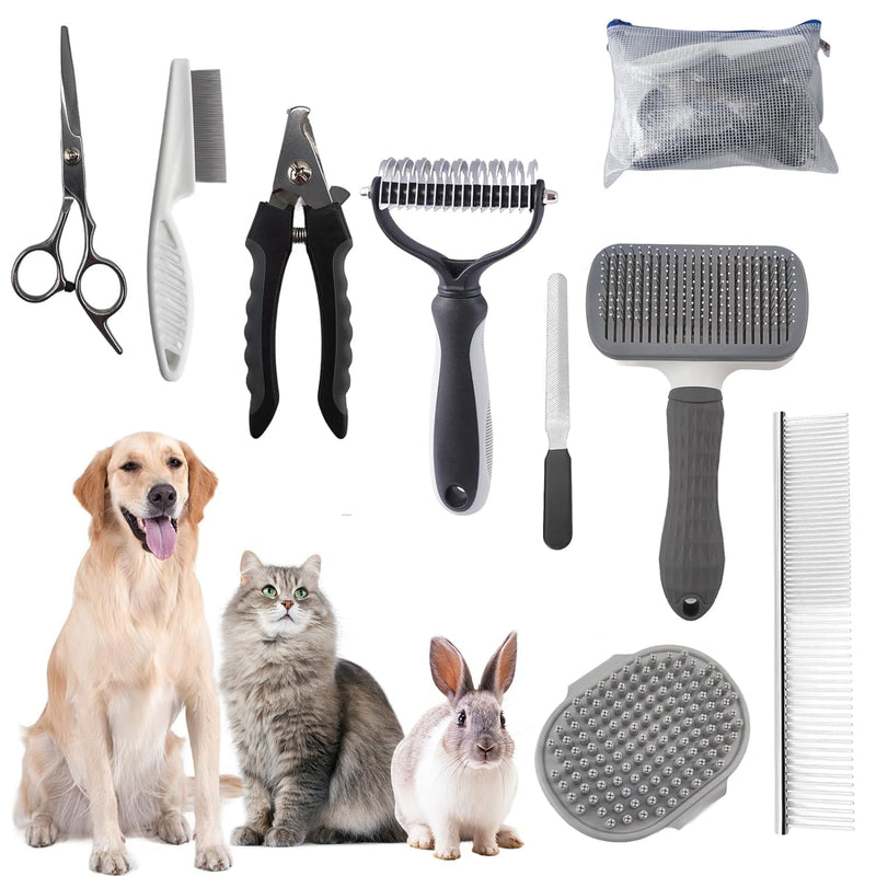 Dog Brush for Shedding,9 PCS in One Pet Slicker Hair Brush Kit with Pet Nail Clipper and File - Dog Cat Grooming Deshedding Undercoat Rake Brush Comb for All Small Large Dogs Cats Grey 9-Grey - BeesActive Australia