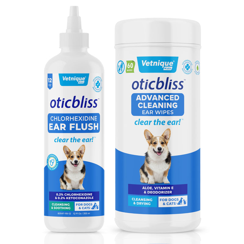 Oticbliss Advanced Cleaning Wipes XL (60 Ct) and Oticbliss Chlorhexidine Flush (12 oz) Bundle Complete Dog Ear Care with Dog Ear Cleaning Wipes Plus Ear Drying Solution for Dogs with Salicylic Acid - PawsPlanet Australia
