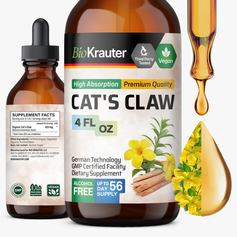 BIO KRAUTER® Сats Сlaw - Liquid Drops Pure Vegan Cats Claw Herb Supplement 625 mg per Serving 4 Fl.Oz 56-Day Supply - Used for Digestive & Immune Support, Natural Antioxidant - Alcohol & Sugar Free 4 Fl Oz (Pack of 1)