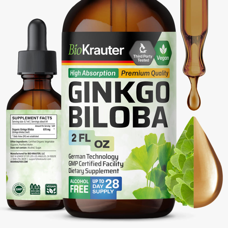 BIO KRAUTER Ginkgo Biloba Extract - Liquid Ginkgo Biloba Supplements for Brain - Vegan, Alcohol & Sugar Free - 2 Fl Oz 2 Fl Oz (Pack of 1)