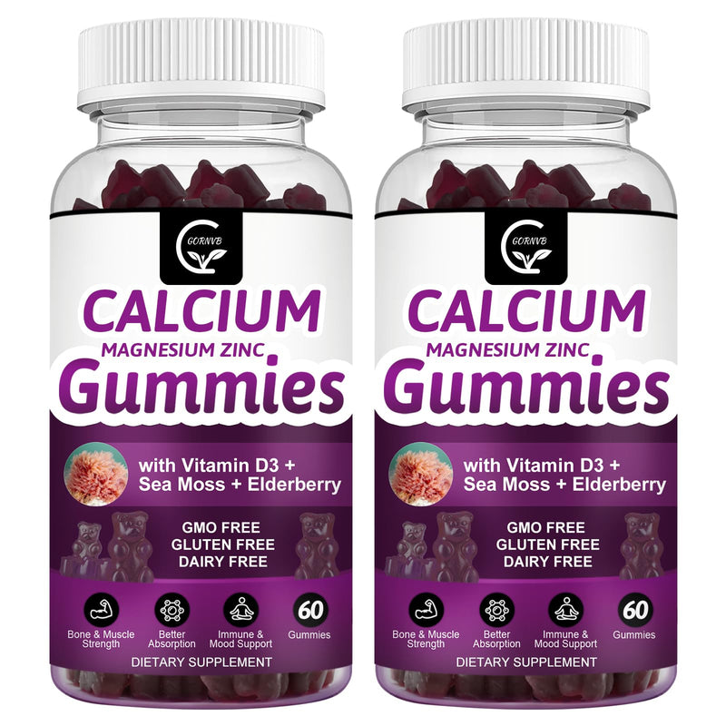 Calcium Magnesium Zinc Gummies with High Absorption Magnesium Glycinate 300mg, Potassium - Plant Complex Calcium Magnesium 2:1 Ratio, with D3 Sea Moss for Bone, Immune & Sleep Support, Vegan-2 Pack 60 Count (Pack of 2)